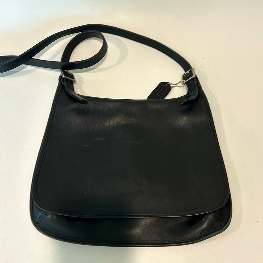 Coach 9134 Vintage Black Leather Slim Hippie Flap Large Saddle Bag